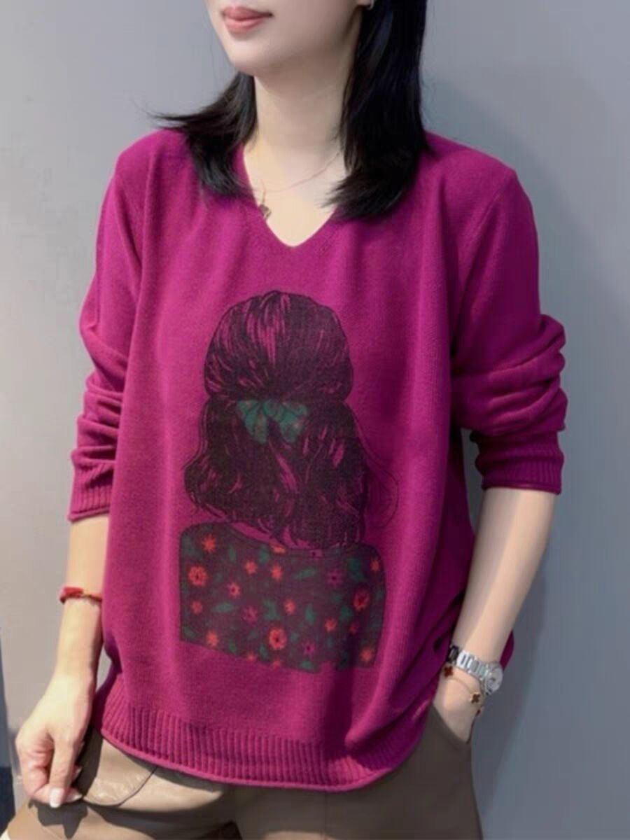 Long-sleeved sweater Spring and Autumn New Style Fashionable Large Size Mom Printing Fashionable and versatile Loose Retro Casual Sweater
