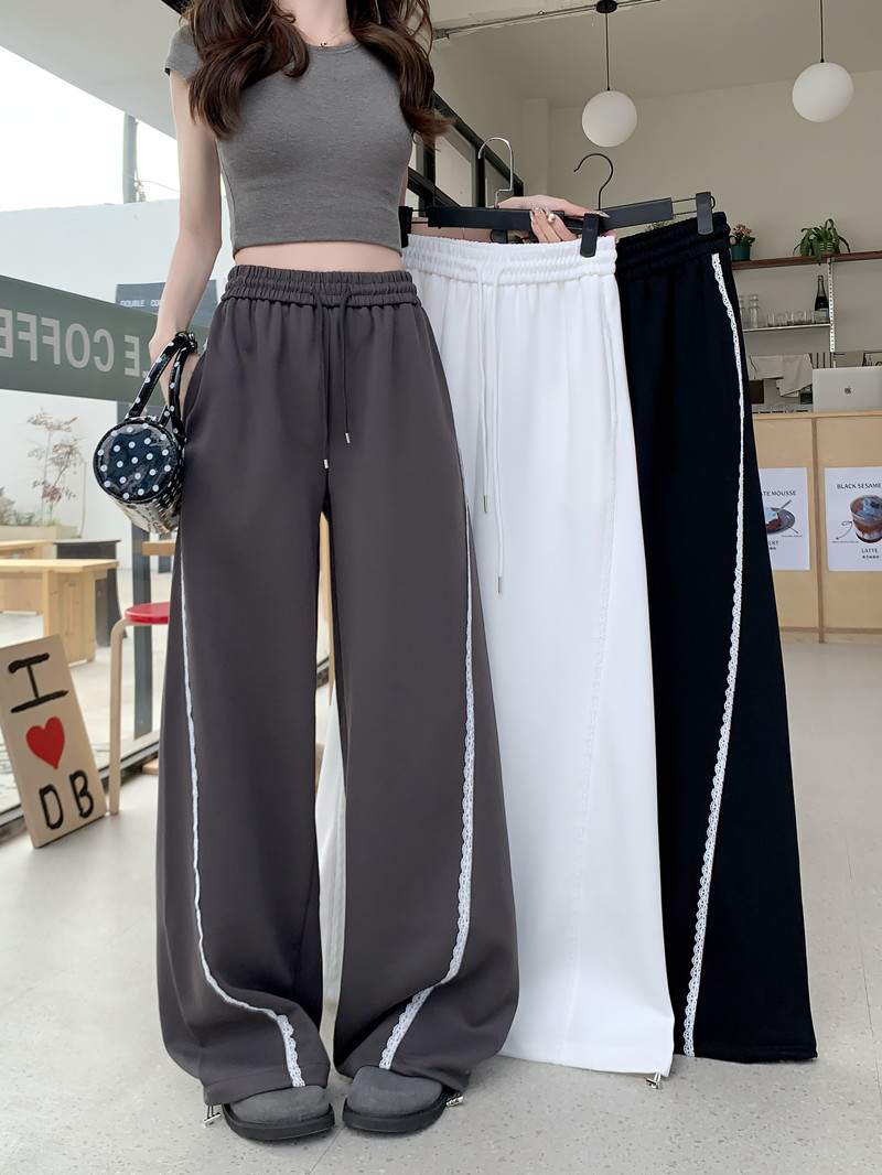 Real shot Korean version of age-reducing lace splicing lazy style loose wide-leg pants versatile ties casual pants