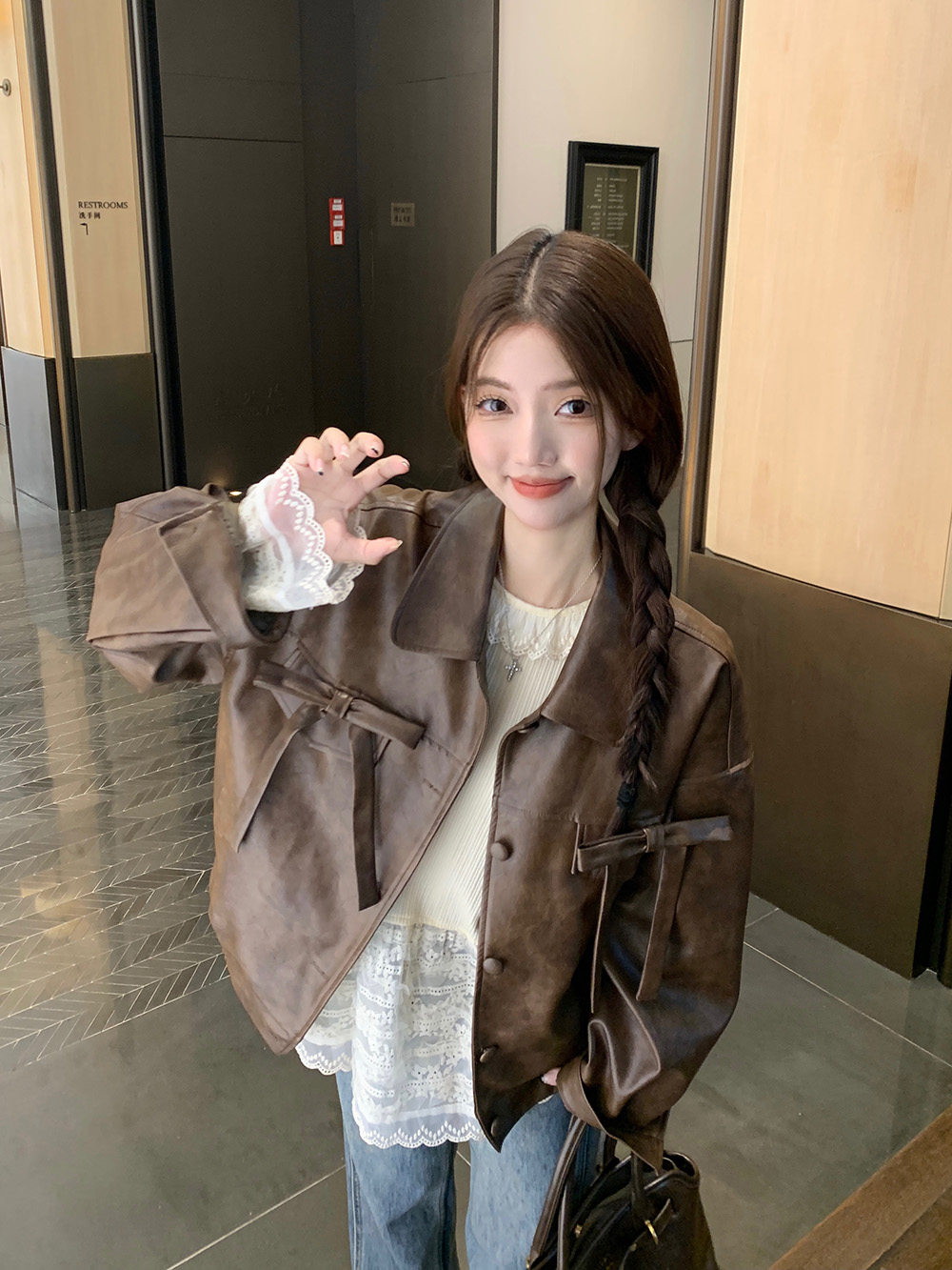 PPHOME Maillard retro bow leather jacket women autumn American hottie casual loose jacket top