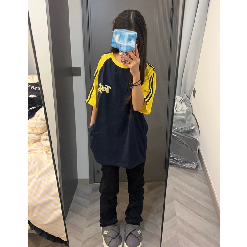 Embroidered three-bar rag shoulder bag pure cotton American color-blocking short-sleeved T-shirt for women's summer loose top