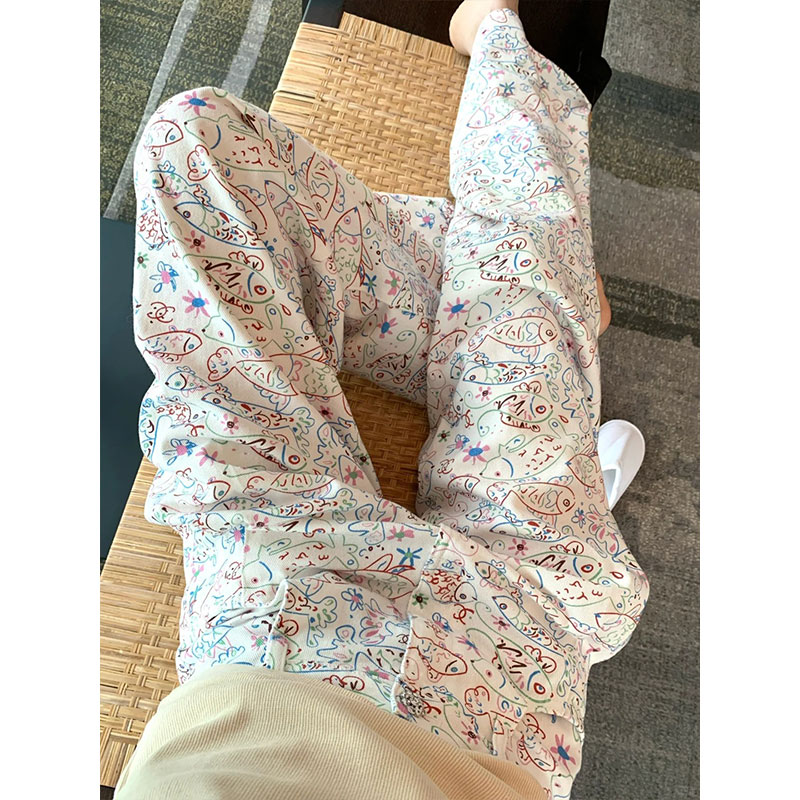 Original method #2025 hot girl cartoon fish pants for women white printed straight wide-leg pants floor pants