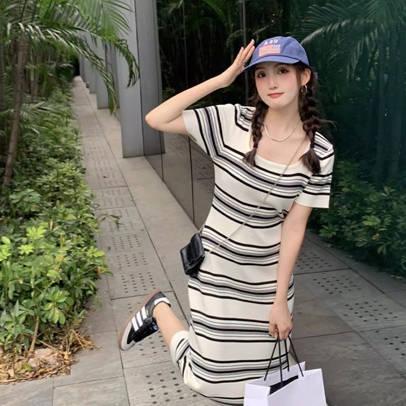 Striped short-sleeved square collar knitted dress for women in summer lazy style mid-length base skirt chic long skirt