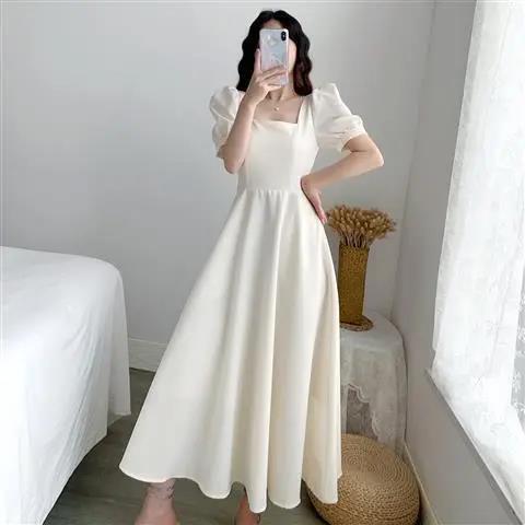 Puff sleeve square collar white Hepburn light-climbing dress for women with white dress waist slim temperament over-knee long skirt summer