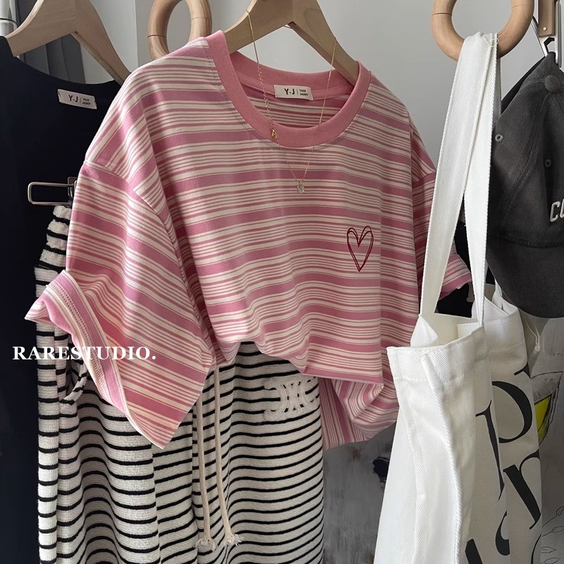 Printed 95 cotton 5 spandex 200g rear bag collar 240 catties large size love striped shoulder short sleeve