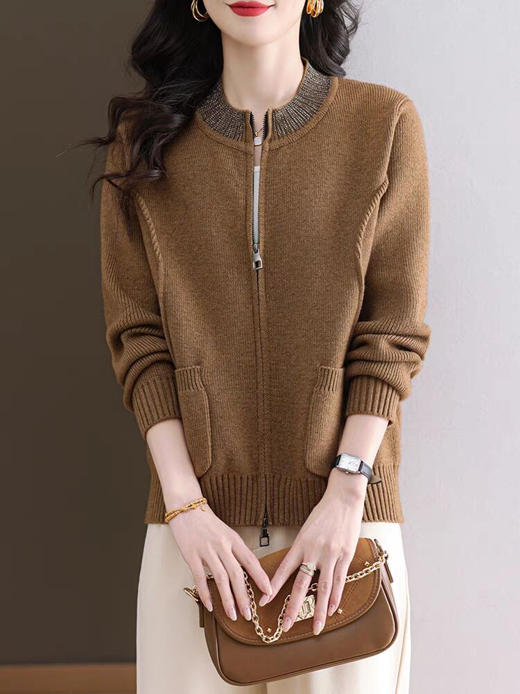 Knitted cardigan for women in spring and autumn wear new style short style with high-end zipper sweater jacket