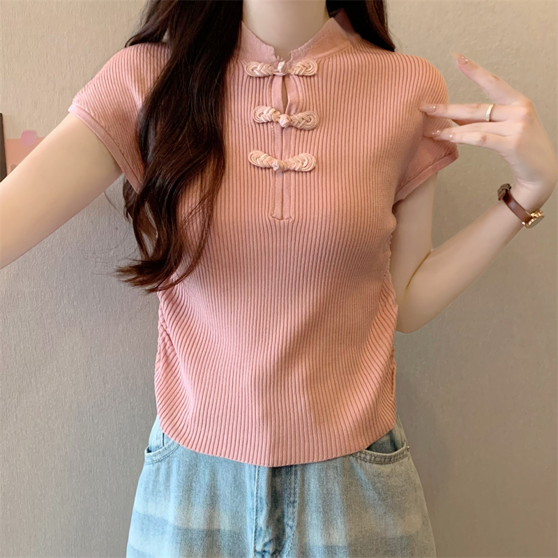 Wholesale Shooting 2025 Summer New Chinese Style Retro Buttoned Small Trellis Slim and Equipped Little Flying Sleeve Top