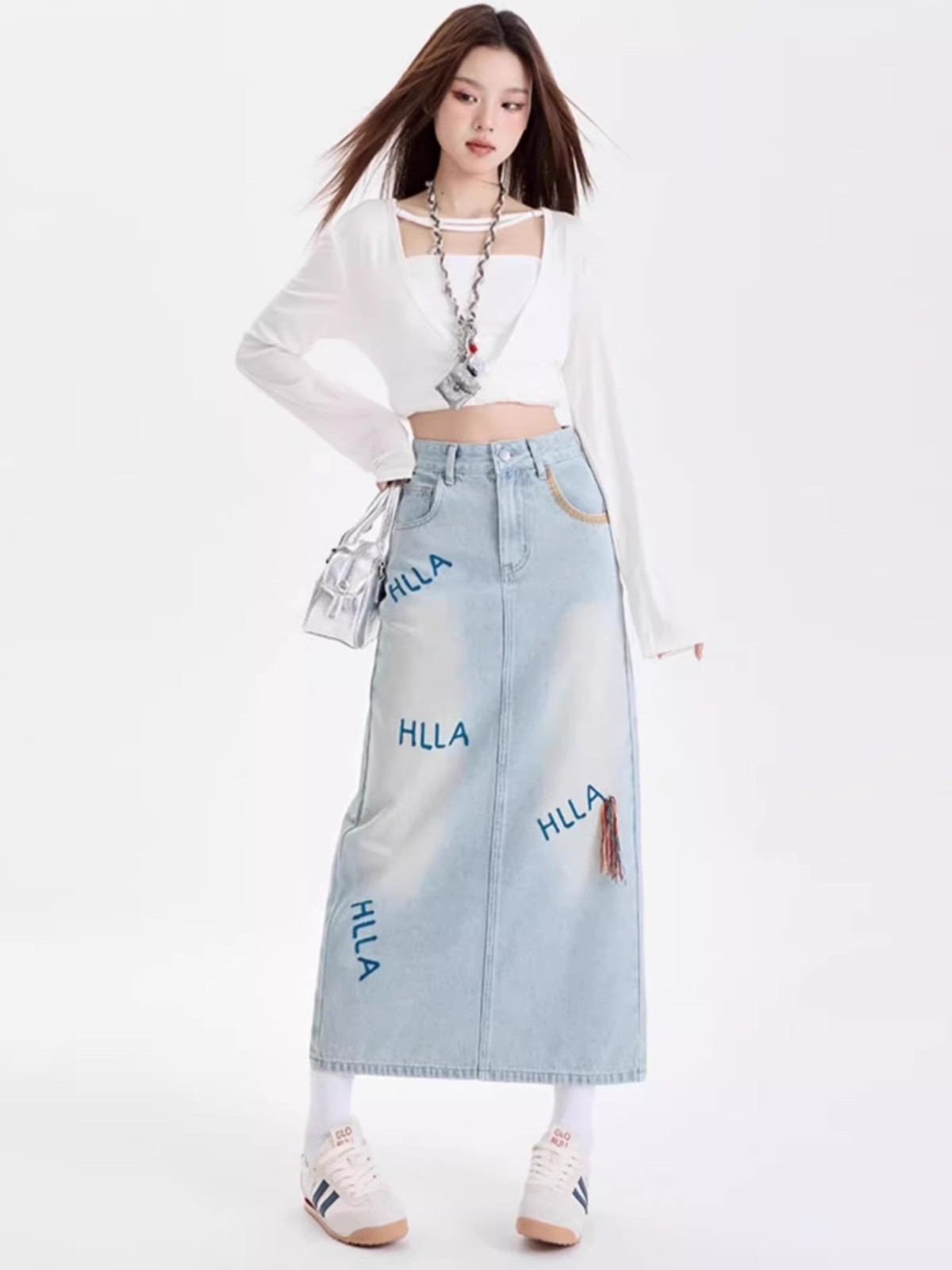 MZVZ light blue letter embroidered denim skirt for women in spring high waist slim A-line slit mid-length skirt