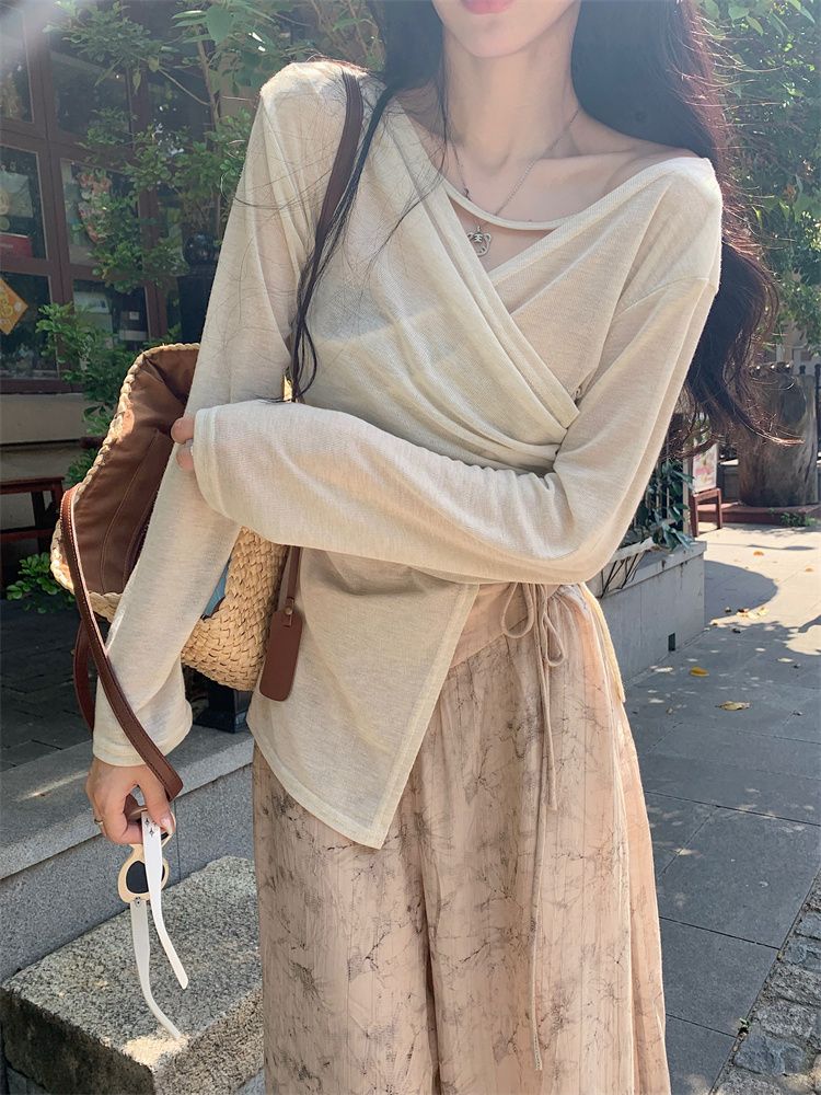 Tiansi thread design niche V-neck irregular cross long-sleeved T-shirt for women's spring and autumn slim sun protection top