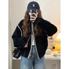 Korean velvet black composite black real super velvet thickened small fragrance jacket for women baseball uniform jacket for women