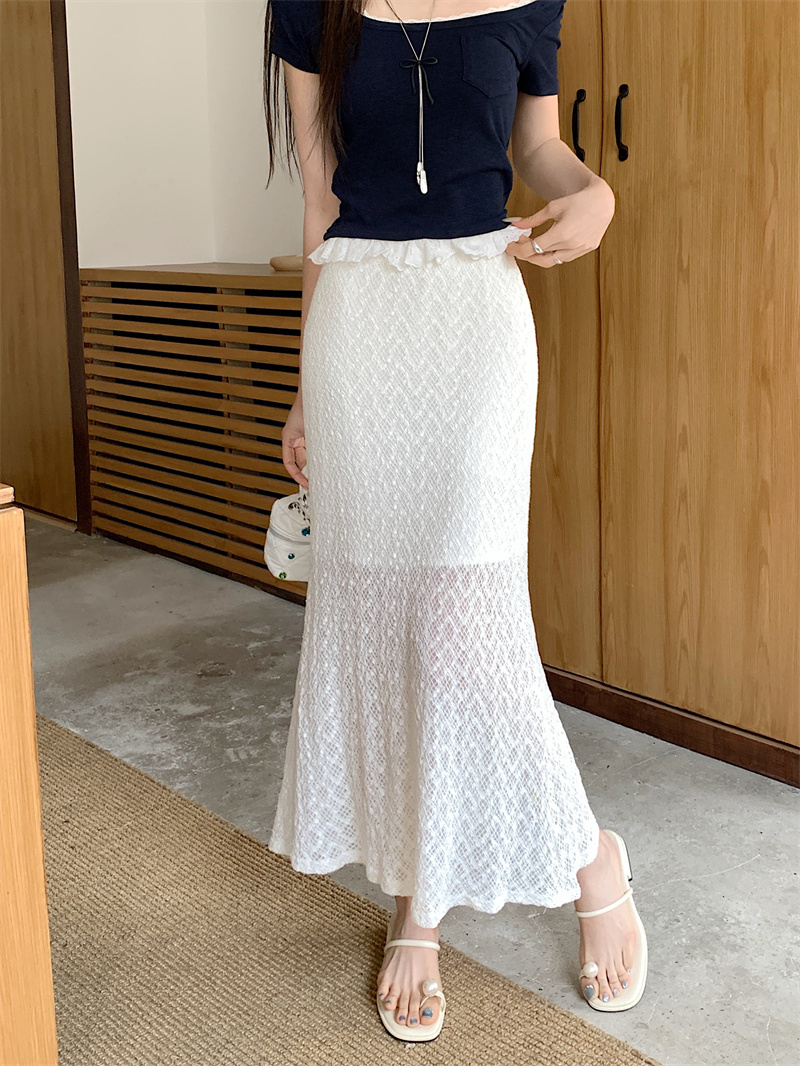 Real shot Korean fashionable high-waisted slim lace slit skirt texture and texture wrapping fish tail A-line long skirt