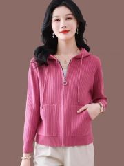 拉鏈羊毛開衫女春季新款灰色連帽毛衣外套百搭寬鬆針織上衣