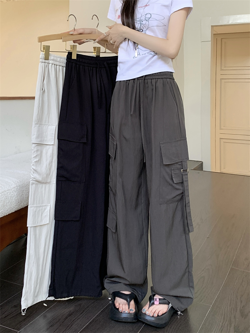 Real shot of lazy wind high waist drawstring work pants drooping to make summer wide-leg casual pants