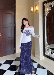 Real shot~Retro versatile floral temperament One-shoulder long-sleeved top irregular fishtail skirt A-line long skirt