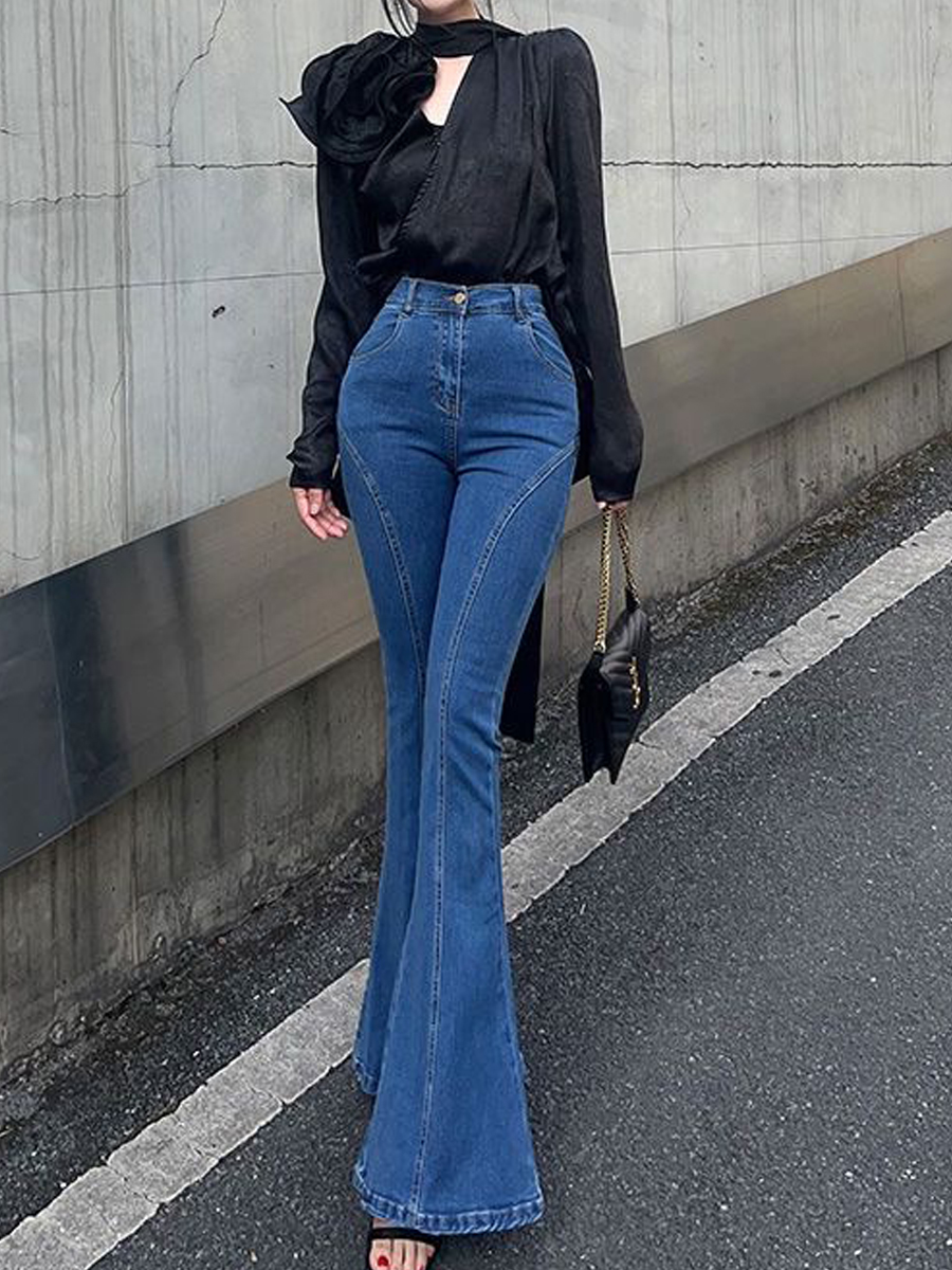 American-style pocket butt tight big flared jeans for women in spring and summer high waist slim and slim hip lifting elastic trousers