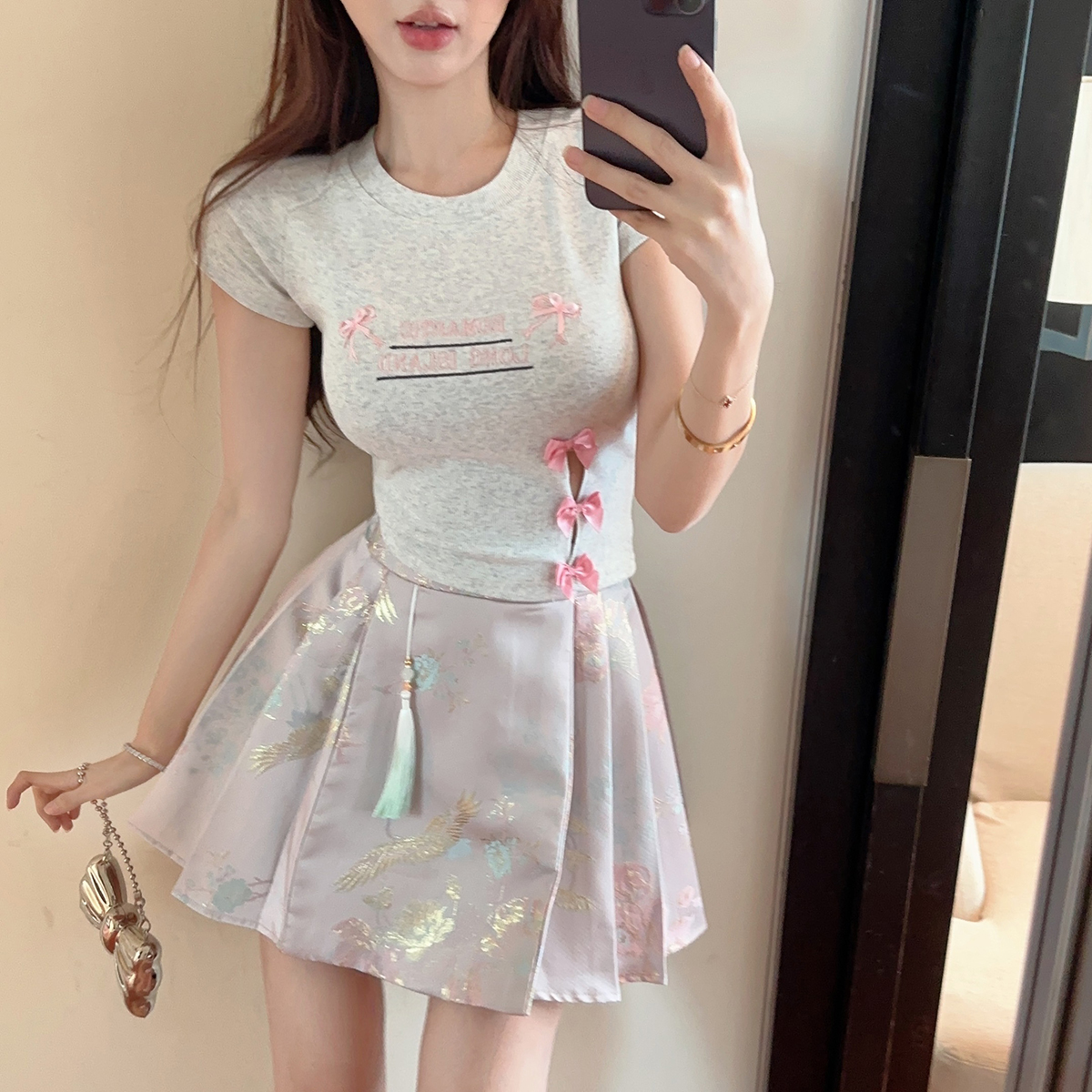 Real photo of bow letter embroidery sweet short short sleeve T-shirt top for women