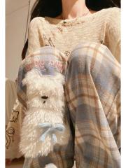 Three-dimensional waist #cute puppy patch casual plaid pants for women in autumn and winter new wide-leg drawstring pants