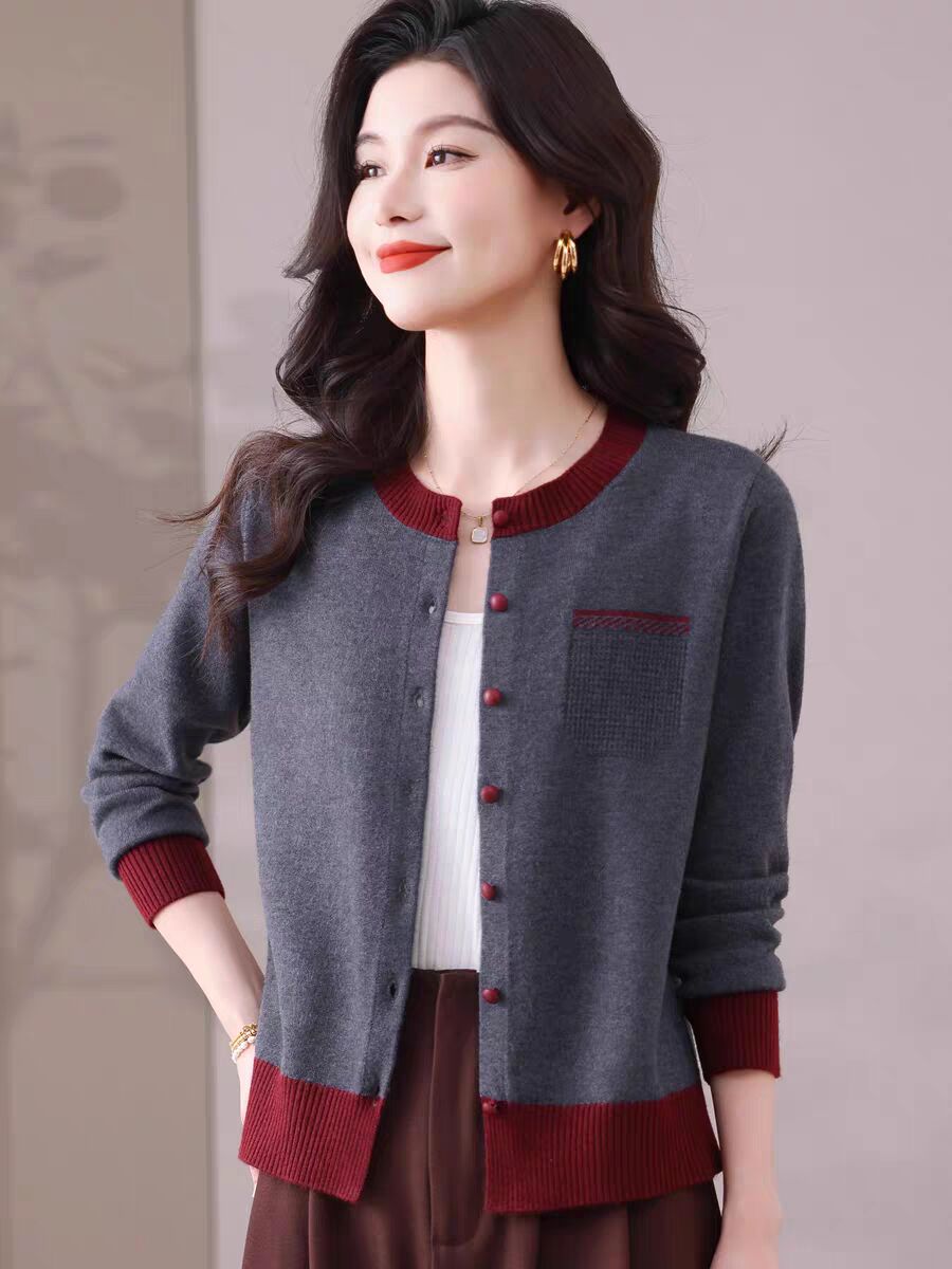 Round neck small fragrance style knitted cardigan for women in spring and autumn new color-blocking fashionable and versatile sweater jacket
