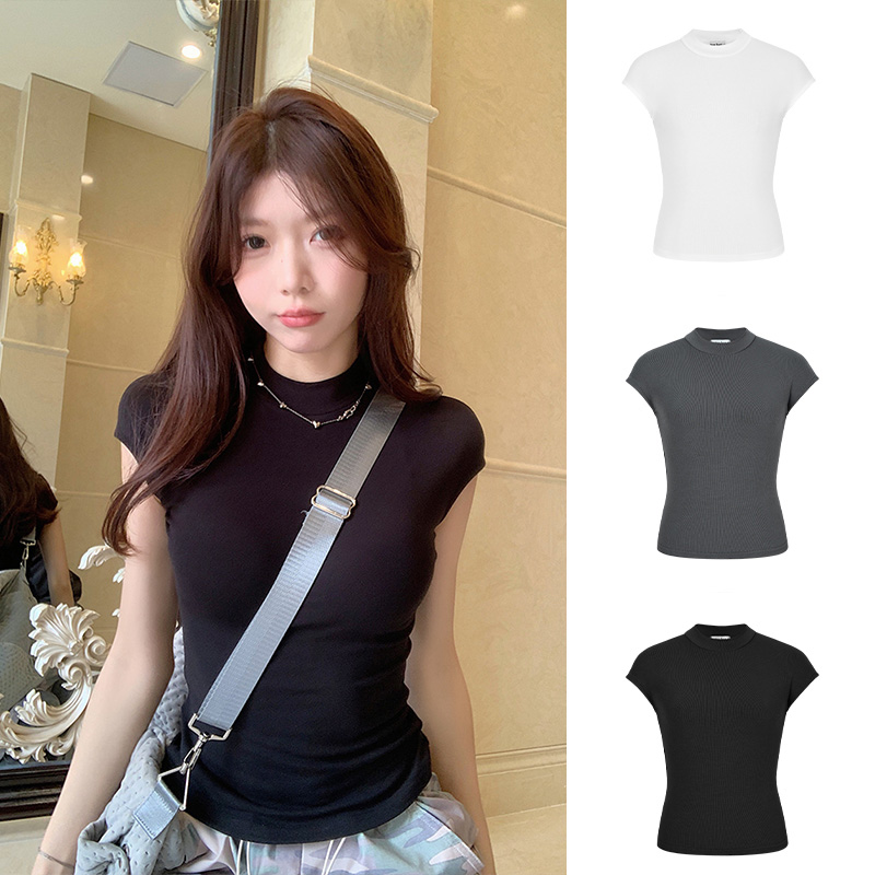 Real shot - Slim round neck short-sleeved T-shirt for women's simple and versatile tight body covering inner bottoming shirt top