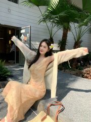 Real photo of citrus oolong yellow suspender dress for women in spring and summer design sense of seaside vacation waist fish tail skirt