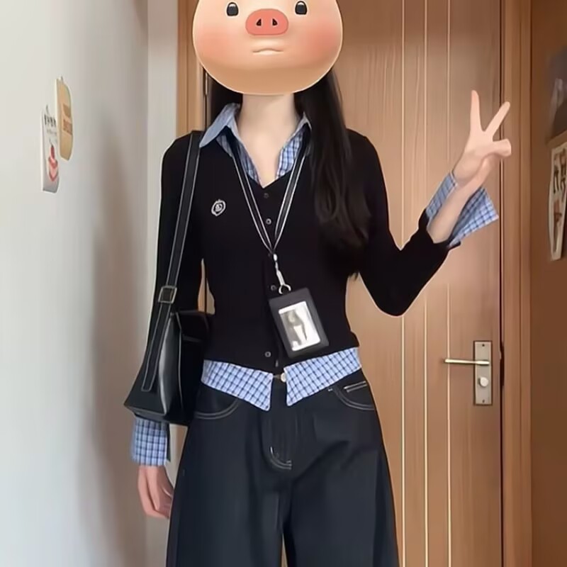 Korean plaid fake two-piece polo collar long-sleeved T-shirt for women in spring high-end slim and unique temperament inner top
