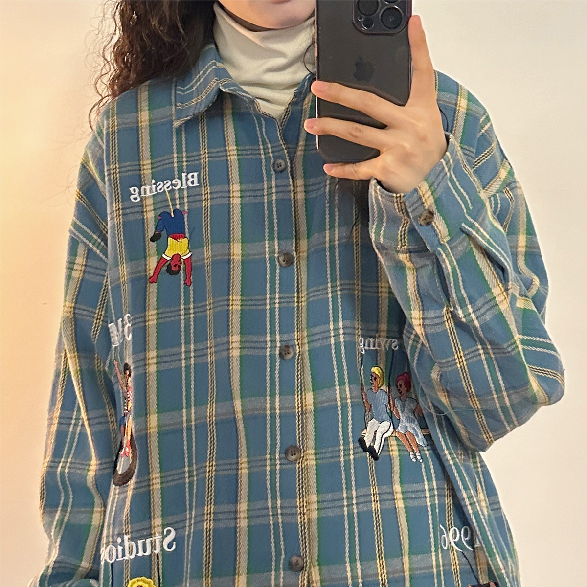 American retro long-sleeved plaid shirt jacket for men in autumn and winter thickened loose embroidered shirt jacket