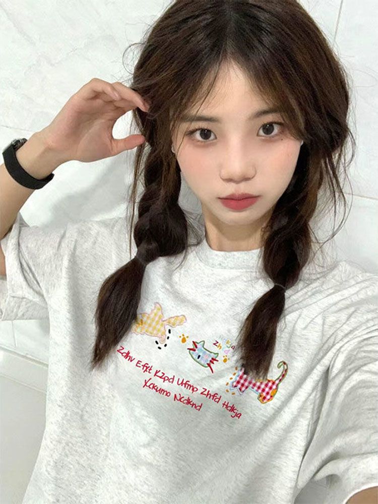 Original embroidered 230g pure cotton back collar edging short-sleeved T-shirt in summer new loose tops for women's fashion