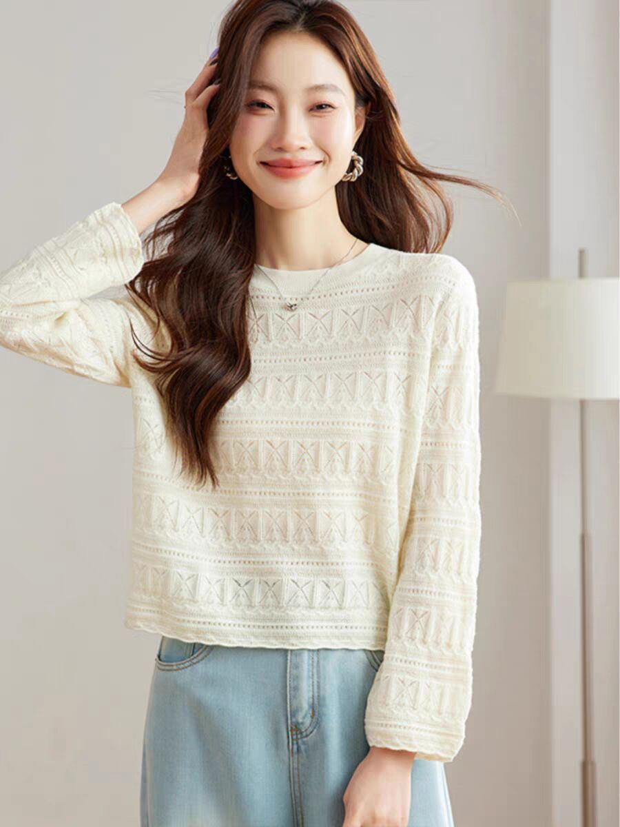 Jacquard hollow women's new style knitted sweater base shirt short top