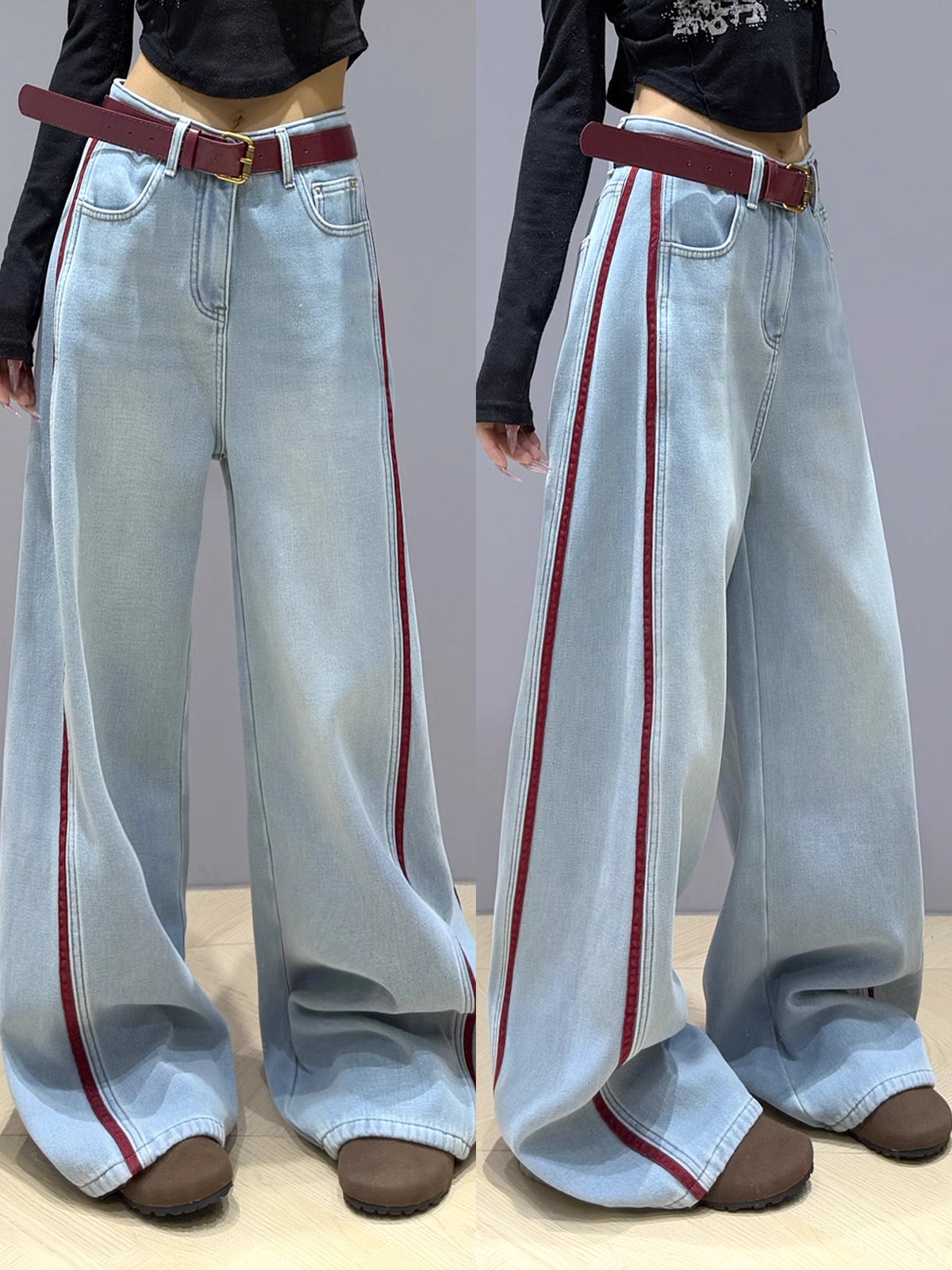 Embroidered strip of contrasting jeans for women 2025 spring new loose slim wide-leg pants water-washed casual floor pants