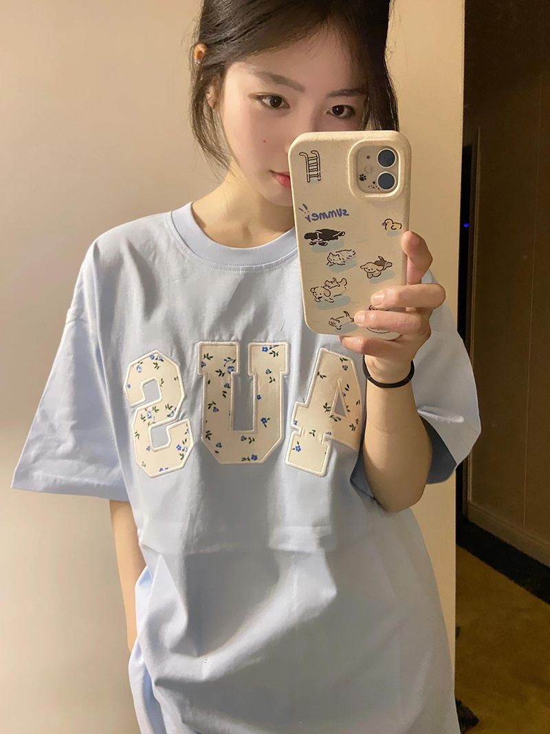 Original patch embroidery 19 230g pure cotton back collar edging short-sleeved T-shirt for summer new loose top for women
