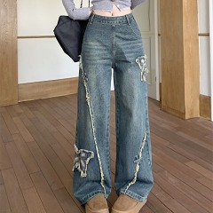 American retro side zipper fur straight jeans for women's autumn butterfly stickers loose wide-leg trousers trendy