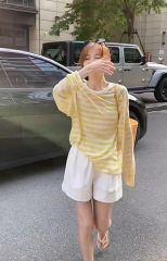 Contrast color striped tulle sunscreen clothes blouse for women in summer 2025 new casual loose thin long-sleeved T-shirt top
