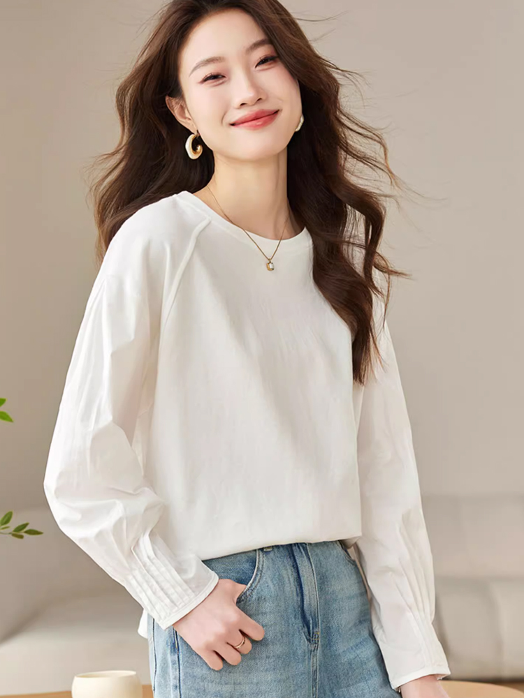 New autumn pure cotton white long-sleeved T-shirt for women's design and fashionable versatile spliced ​​round neck French top
