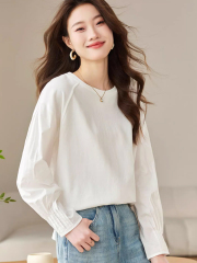 New autumn pure cotton white long-sleeved T-shirt for women's design and fashionable versatile spliced ​​round neck French top