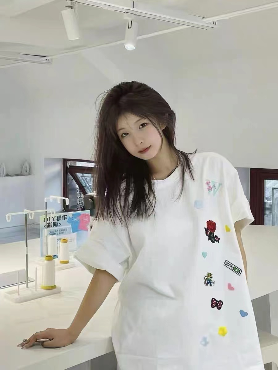 210g pure cotton 2025 summer new design niche printed pure cotton casual loose short-sleeved T-shirt for women