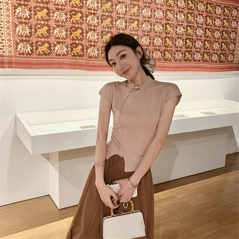 已出貨 中式可可豆·優雅盤扣小立領針織新款設計感短袖t恤女