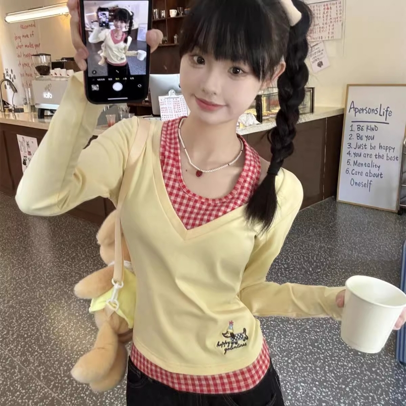 Original workmanship fake two-piece yellow v-neck long-sleeved T-shirt for women's spring slim design niche small top