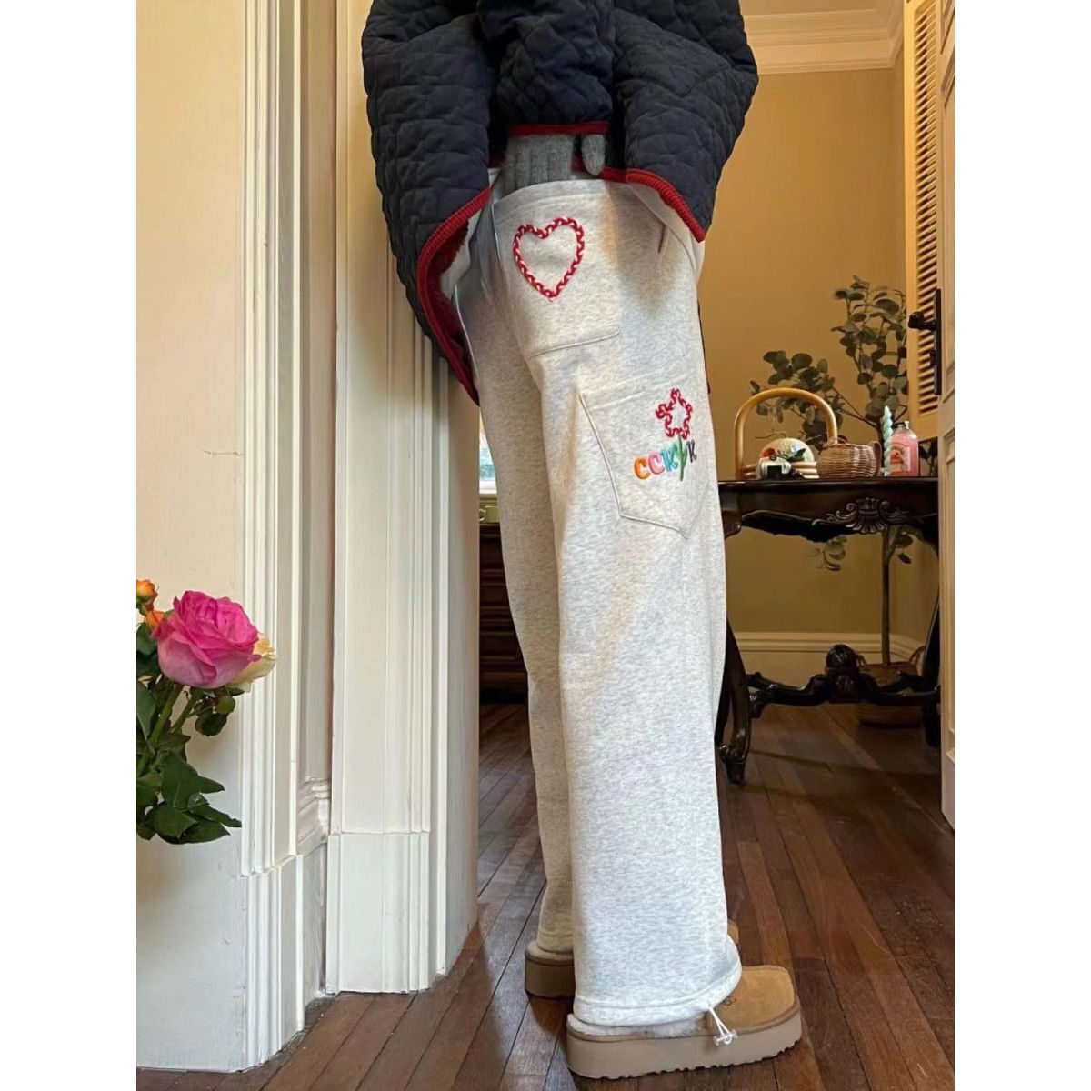 Thin Hua Cotton Compound Milk Wire, plus velvet Hua Cotton Compound, love embroidered hip-hop sports pants for women