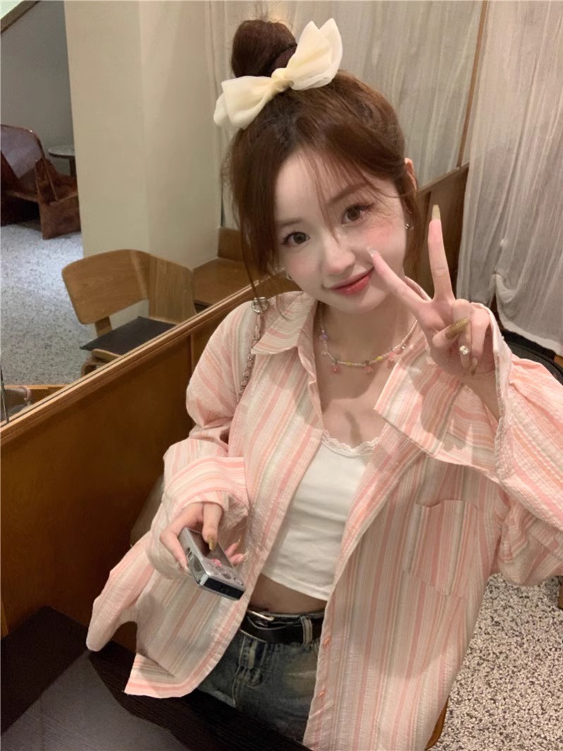 Thin shirt top early spring new design feel loose long-sleeved blue striped casual shirt
