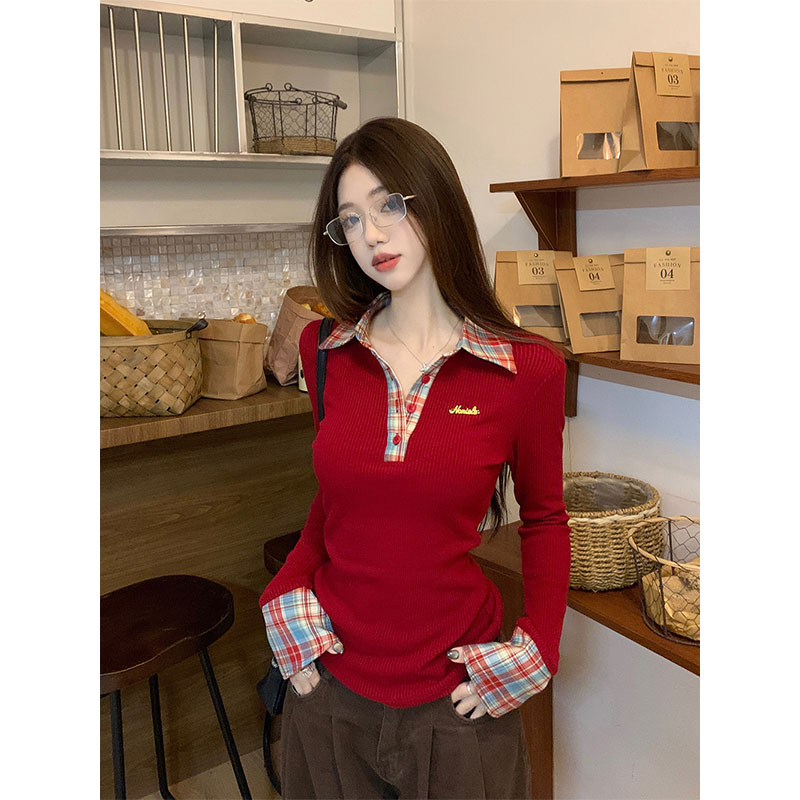 Original fabric niche splicing plaid Polo collar winter retro slim base shirt top
