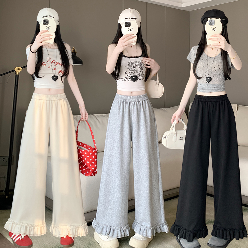 Real shot Korean wide-leg pants with black ears, new loose and versatile elastic waist, high waist slim casual pants