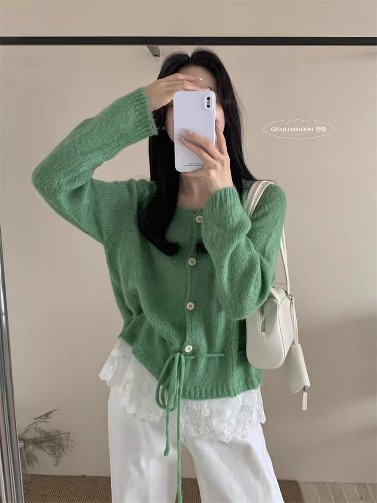 Korean age-reducing knitted cardigan for women's spring new soft and glutinous splicing design long-sleeved lace-up versatile and chic top