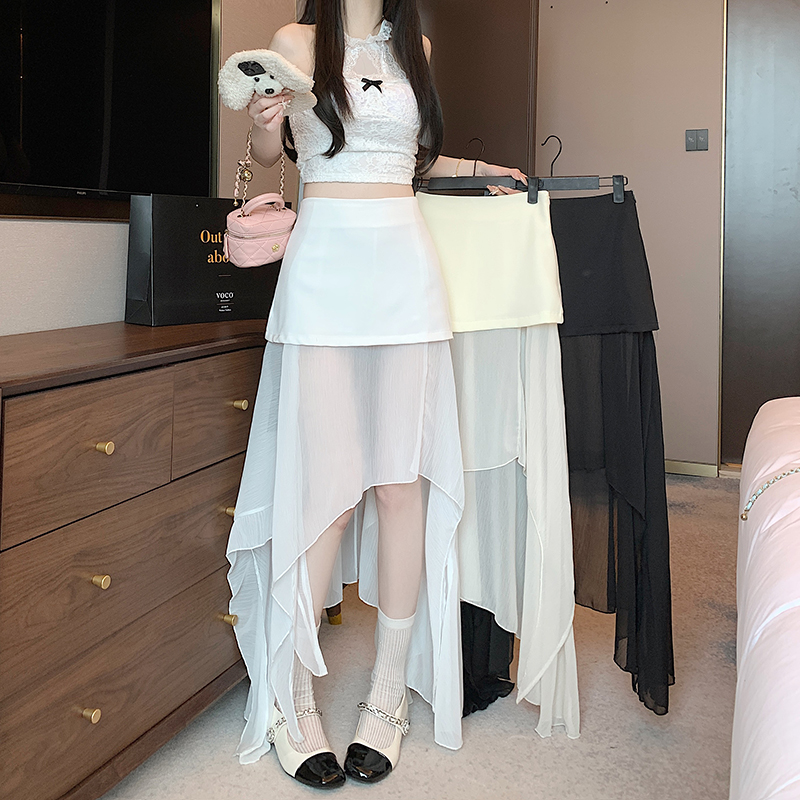 Real shot, irregular design sense, fake two-piece mesh splicing hip skirt Korean style versatile fairy long skirt