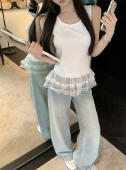 Real shot of round neck slim fit and slim ballet style cotton lace vest T+ jeans women's suit