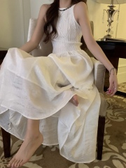 Real photo~ White vest dress spliced ​​textured skirt Korean style sleeveless inner long skirt