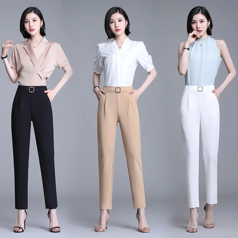 Ice silk harem pants for women in summer thin high-end casual pants high waist versatile slim drooping pants for women nine points