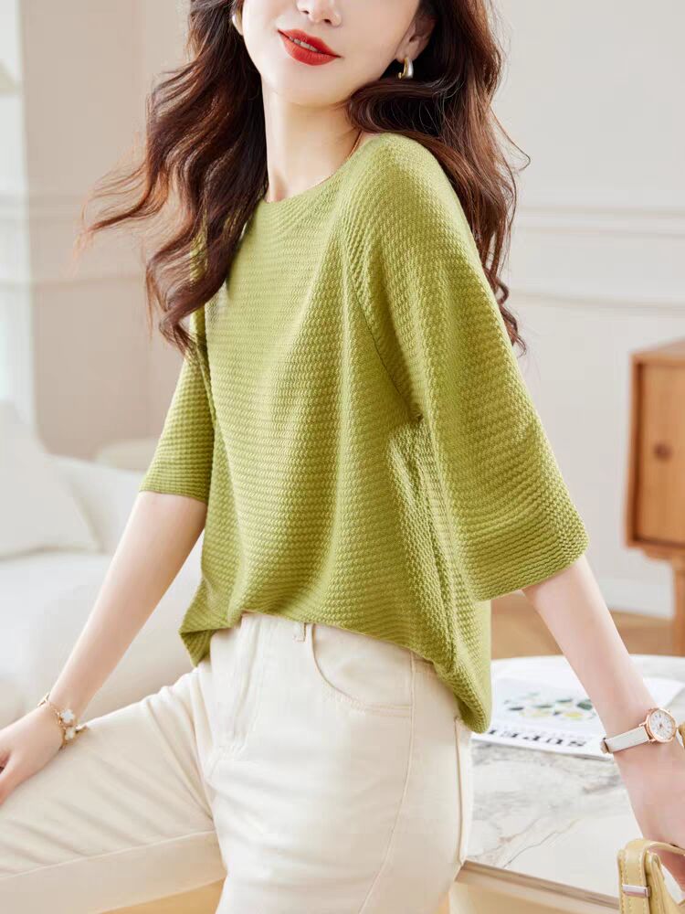 Mid-sleeved T-shirt for women's seven-quarter sleeve thin knitted top 2025 spring new style women's one-length neck fashionable shirt