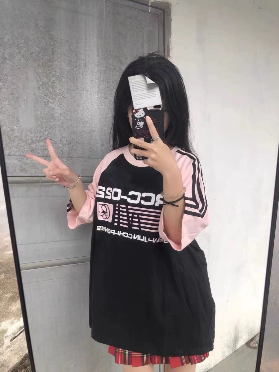 Three-bar rag shoulder bag pure cotton loose contrast top 2025 spring new short-sleeved women