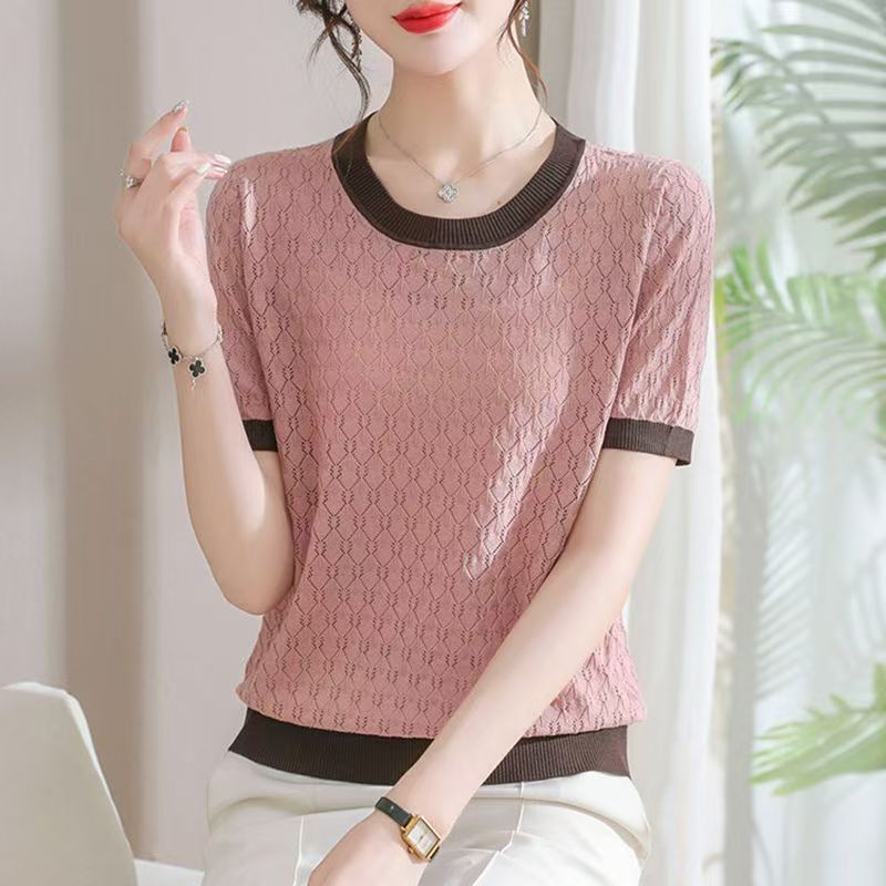 夏季新款鏤空T恤上衣時尚寬鬆冰絲小衫中年女洋氣薄款顯瘦打底衫
