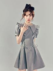 Doll collar straps high-end gray puff sleeve dress for women in summer hot girls waist-hugging short skirt to make them look slim A-line skirt