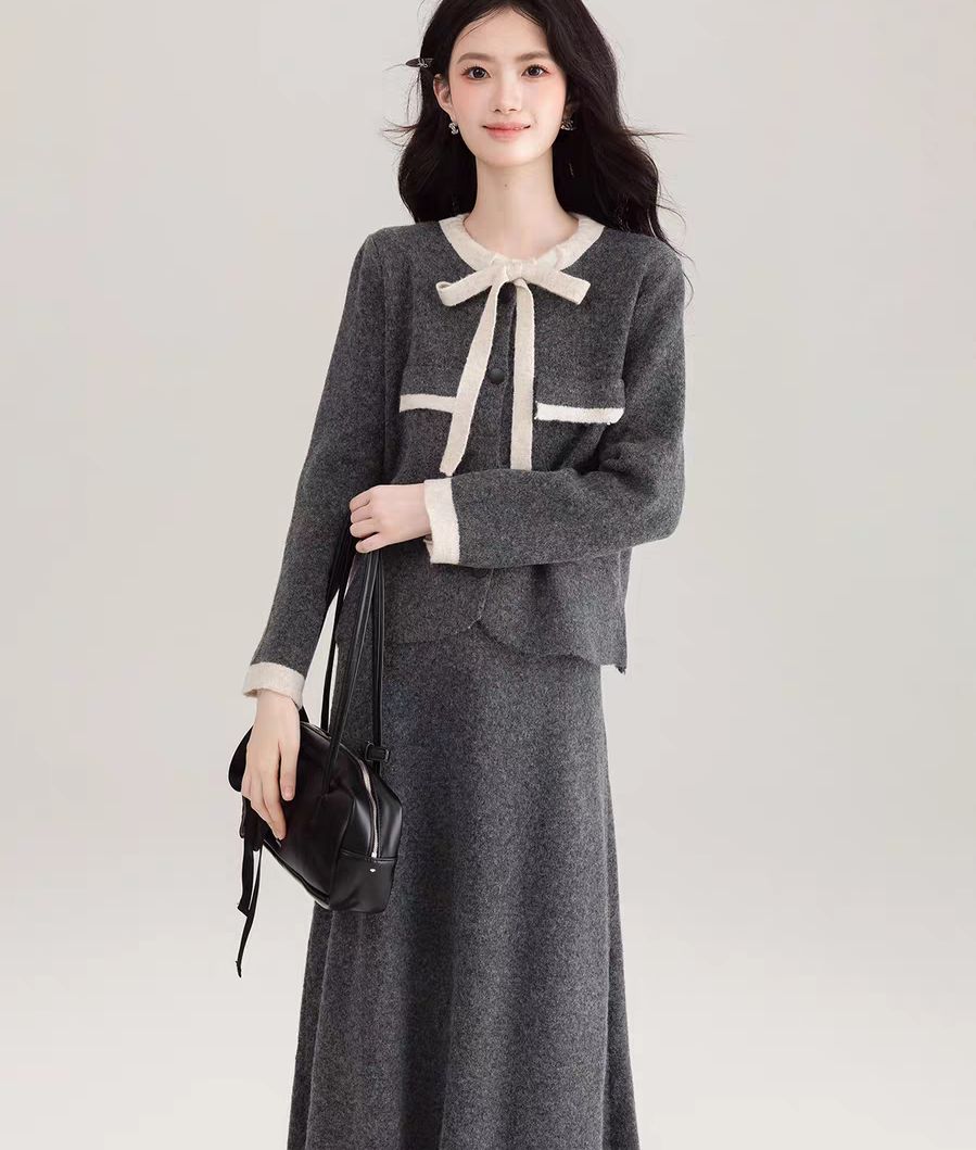 French gentle style knitted cardigan suit for women early spring new high-waisted skirt two-piece set